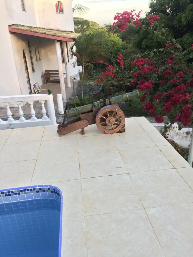 Het terras boven het zwembad. Het kanon bewaakt de tuin.